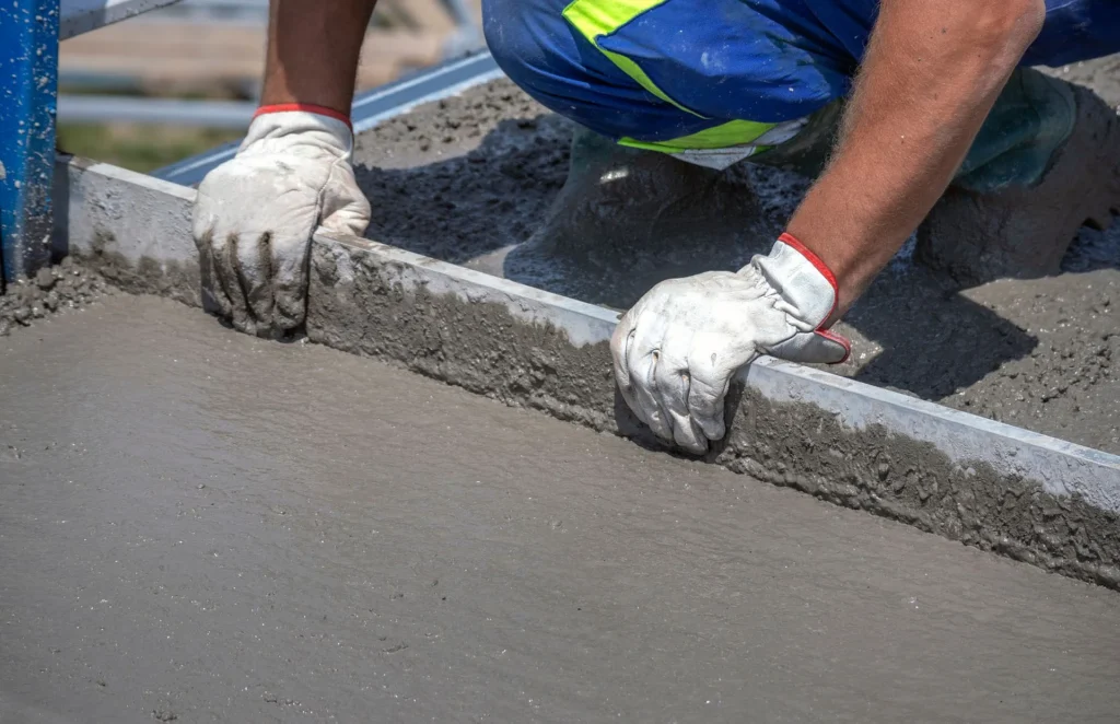 Frischer Beton wird an der Schalung abgezogen