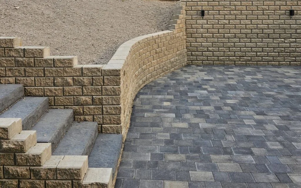Treppe aus Blockstufen mit Mauer und gepflastertem Hof
